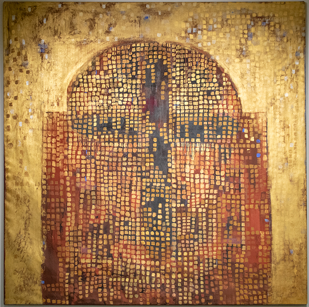 Kullanhohtoinen mosaiikkityylinen maalaus. Keskellä kupolin muotoinen hahmo ja sen sisällä risti.