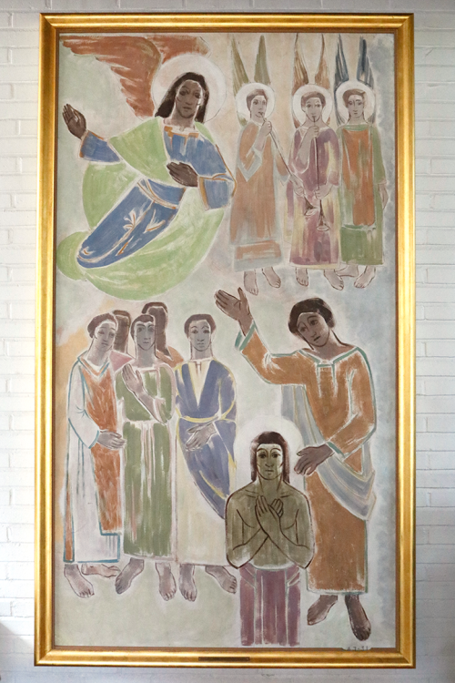 Taulu Johannes Kastaja ja Jeesus Anja Juurikkalan teos v. 1951 Kirkonkylän srk-talossa