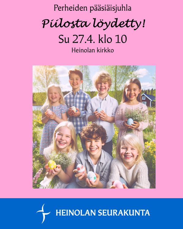 Perhemessu Lapsilla on pääsiäismunia ja kukkia käsissään.