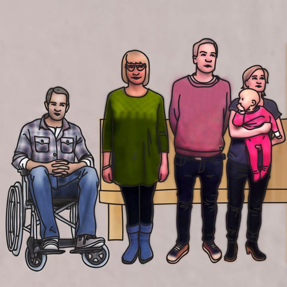 viisi ihmistä rivissä, vasemmalla mies istuu pyörätuolissa ja oikealla vauva on sylissä